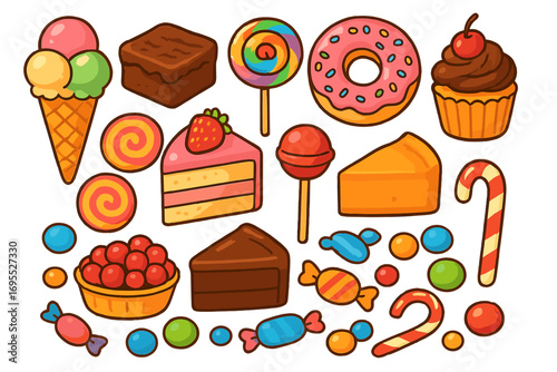 Sweets and desserts cartoon vector icon set. Colorful collection of candy, cake, ice cream, donut, and lollipop illustrations for party or celebration. Junk food design elements.
