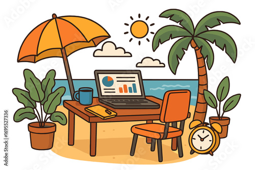 Remote work on a tropical beach. Digital nomad lifestyle with laptop on desk by the sea. Freelancer workspace in paradise. Summer vacation business concept. Work-life balance.