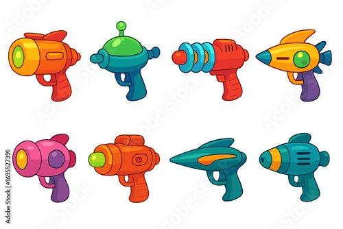 Set of colorful cartoon energy blasters. Futuristic retro space laser gun collection. Sci-fi toy weapon clipart for gaming or imaginative storytelling. Vector design elements.