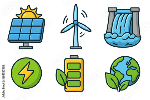 Renewable energy icon set with solar panel, wind turbine, hydroelectric dam. Green power concepts, sustainable electricity, eco battery, clean planet. Vector cartoon illustration.