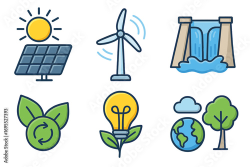 Renewable energy icon set. Green power sources with solar panel, wind turbine, and hydroelectric dam. Sustainable, eco friendly concept symbols for ecology and environment.