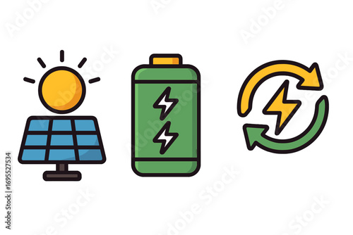 Renewable energy icon set with solar panel, sun, battery storage, and power exchange symbol. Green energy and sustainability concept. Vector cartoon illustration for ecology.