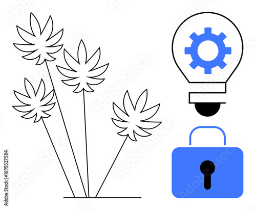 Plant stems alongside a gear-inside-lightbulb and lock concept. Ideal for agriculture, innovation, intellectual property, creativity, environmental sustainability, security, and development. Simple