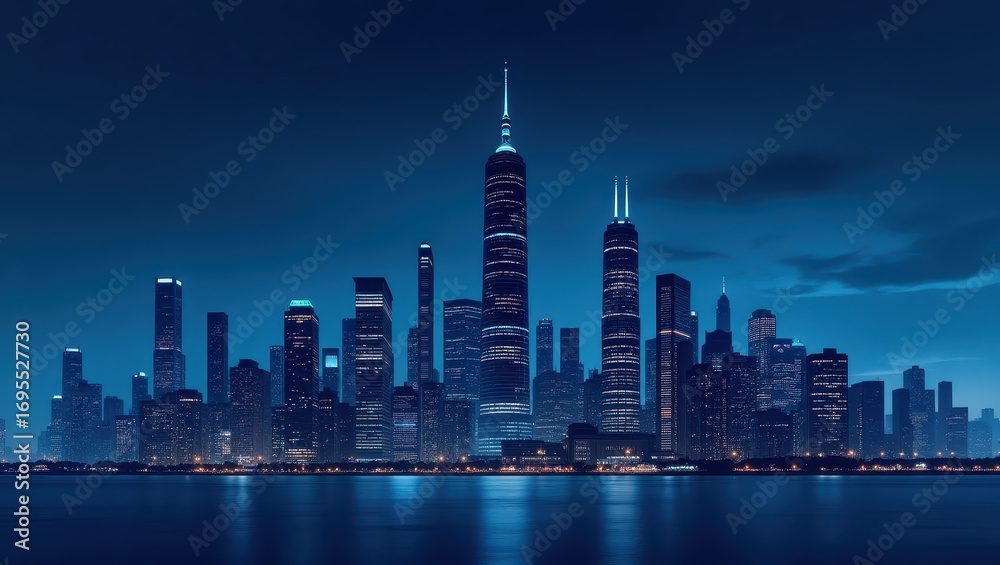 Obraz premium A tranquil cityscape panorama at night, showcasing a skyline of dark, illuminated skyscrapers reflected on a placid body of water.