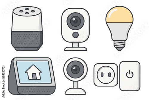 Smart home technology vector icon set. Internet of Things (IoT) devices collection. Includes smart speaker, security camera, light bulb, display, and plug. Modern cartoon style.