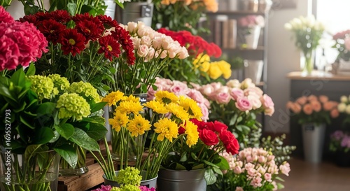 Wallpaper Mural Vibrant Floral Display in a Flower Shop: A Colorful Arrangement of Roses, Chrysanthemums, and Hydrangeas Torontodigital.ca