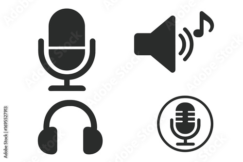 Audio icon set for music and podcasting. Sound recording and listening symbols. Microphone, headphones, speaker, and volume icons. Flat vector illustration design element.