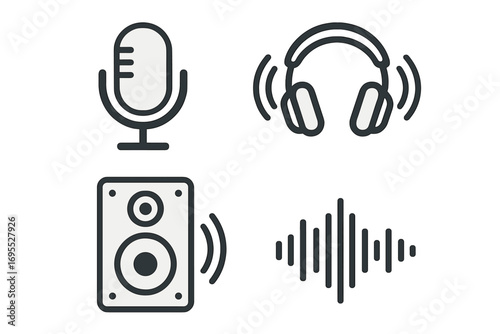Audio equipment icon set with microphone, headphones, speaker, and waveform. Vector icons for podcast, music production, sound recording, and streaming. Minimalist design.