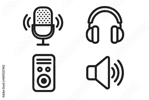 Audio line icon set for music and podcast. Sound recording and listening tools. Microphone, headphones, speaker, and player symbols. Minimalist vector graphic illustration.