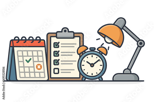 Productivity and time management concept. Planning and organization tools. Workspace with calendar, checklist, clock. Project management, deadline. Vector cartoon illustration.
