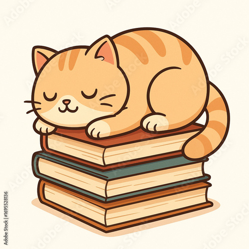 ILLUSTRATION A fat cat is sleeping on a pile of books, a comfortable atmosphere