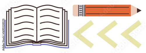 Open book with handwritten lines, orange pencil, and yellow chevrons. Ideal for education, writing, reading, creativity, knowledge storytelling and content creation. Clean simple flat metaphor