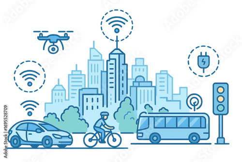 Smart city transportation network. Future urban mobility. Electric car, bus, drone delivery, bicycle. IoT, wifi integration. Smart traffic light. Connected transport system.