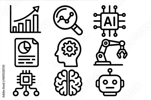 Data analysis, AI, and robotics icon set. Vector line icons for machine learning, business intelligence, automation, and futuristic technology concepts. Thin line pictograms.
