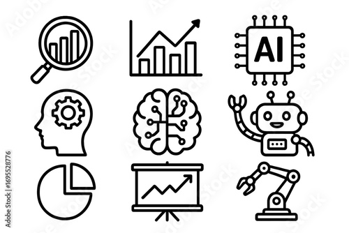 AI line icon set with data analysis, robotics, machine learning. Technology vector icons. Analytics, robot, automation, big data, statistics, presentation, chart, graph, brain.