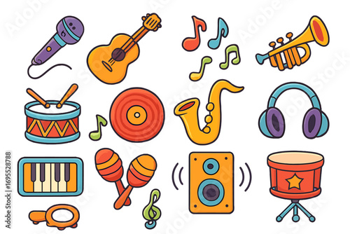 Music icon set. Colorful cartoon vector collection of musical instruments and audio equipment. Guitar, drum, trumpet, mic, headphones. Flat design sticker pack concept.