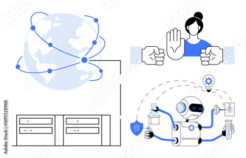Globe with connected nodes, AI robot managing tasks, data servers, handcuffed criminal ensuring security, connectivity, automation, justice, data management and ethics. Ideal for technology