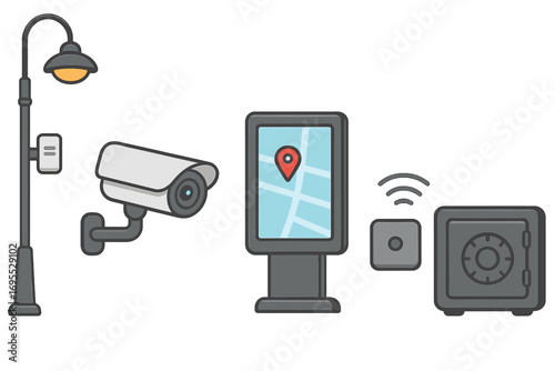 Smart city elements set. Security camera, street lamp, navigation kiosk, wireless sensor and safe. Urban technology and safety concept. CCTV surveillance and public monitoring.