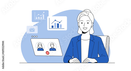 Businesswoman Engaged In Teleconferencing, Presenting Financial Growth Charts And Analytics