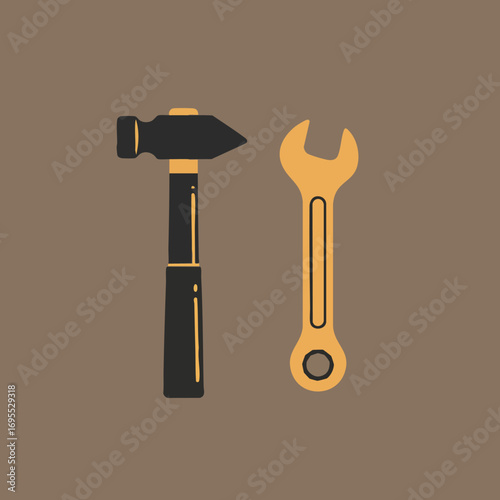 Illustration of a hammer and wrench, simple design, on a muted brown background.