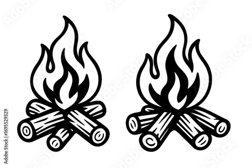 Campfire and bonfire vector icon set. Simple black and white line art illustration of burning fire with wood logs. Symbol for camping, adventure, and outdoor travel.
