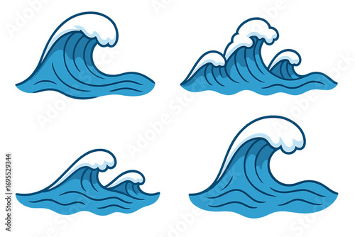 Ocean wave vector set. Cartoon sea surf illustration. Blue water splash icon collection. Marine nature graphic element. Storm tsunami symbol. Aquatic fluid dynamics concept.