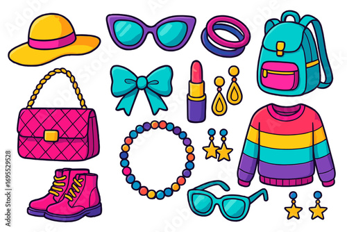 Fashion accessories set. Colorful girly collection. Woman style items for beauty and glamour. Vector cartoon illustration with bag, sunglasses, lipstick, jewelry, boots, sweater, hat.