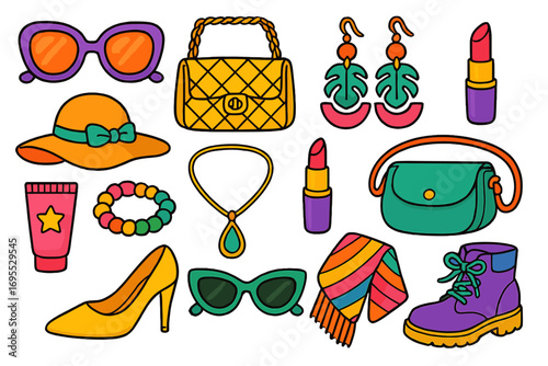 Fashion accessories vector icons set. Colorful cartoon collection of woman's style items. Handbag, sunglasses, lipstick, shoe, hat, jewelry, scarf, boots, cosmetics objects.