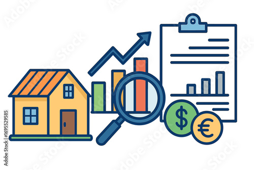 Real estate investment and property value analysis concept. Financial growth and housing market trends. House, chart, money, and mortgage report icon. Vector Illustration.
