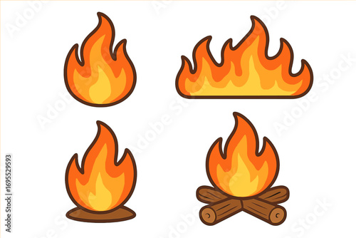 Vector set of fire flames. Cartoon campfire and bonfire icons. Burning wood logs, heat symbol, and hot flame shapes. Simple flat illustration elements for design projects.