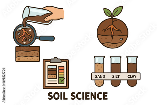 Soil science vector icon set. Soil analysis, testing composition and structure. Plant growth, agriculture concept. Sand, silt, clay test tubes. Earth layers cartoon illustration.