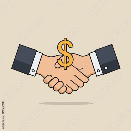 Illustration of a business deal symbolized by two hands shaking over a golden dollar sign.