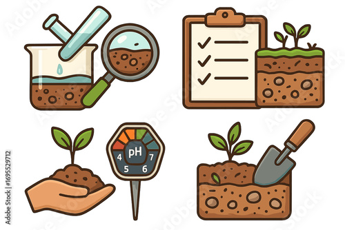 Visual representation of soil science. Icons depicting analysis and characteristics of soil. Vector concepts for agriculture, gardening, ecology, and research with a transparent background.