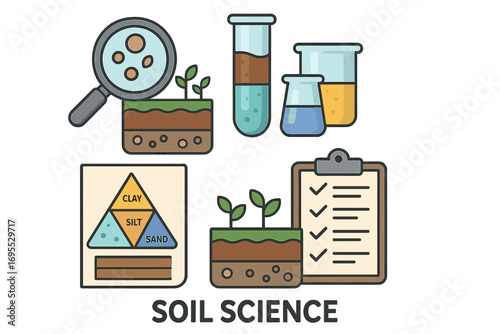 Soil science vector icon set. Infographic for agriculture, geology. Analysis of soil composition, texture triangle with clay, silt, sand. Laboratory research, experiment concept.