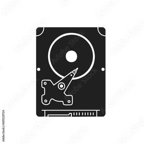 A black and white graphic illustration of a computer hard disk drive, showing the internal components like the platter and read/write arm.