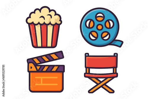 Movie and cinema icon set with popcorn, film reel, clapperboard, and director chair. Flat cartoon vector illustration for film production, entertainment, and movie night concepts.