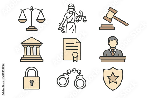 Law and justice color line icon set. Legal system symbols collection. Flat vector graphics for crime, court, and police concepts. Gavel, scales, courthouse, lawyer, handcuffs.