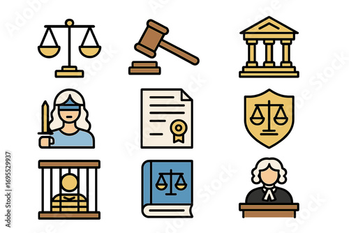 Legal and justice flat icon set. Vector symbols of law and order. Line illustration collection with judge, gavel, courthouse, scales, and lawyer pictogram for court or auction.