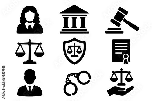 Legal icons set with judge, court, and gavel. Justice, law, and crime symbols. Vector silhouettes of lawyer, handcuffs, and scales. Flat judiciary and auction pictogram collection.