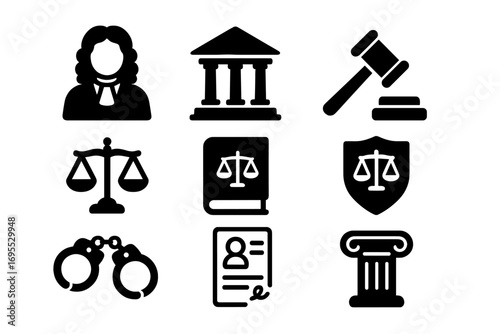Legal icons set. Law and justice symbols. Judge, court, gavel, scales, law book, handcuffs. Vector silhouette pictogram for lawyer, judiciary, crime, punishment, auction.