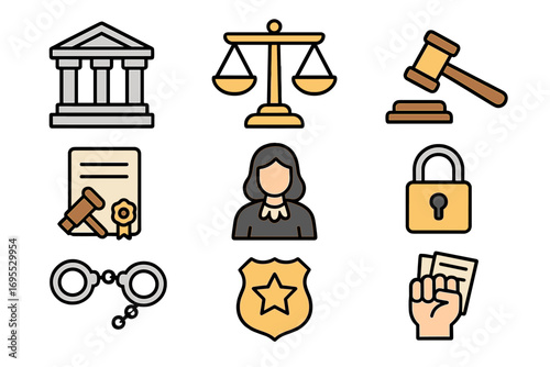 Legal and justice flat linear icon set. Vector cartoon symbols for law and order, courthouse, police, and court system. Illustration of crime, rights, and punishment concepts.