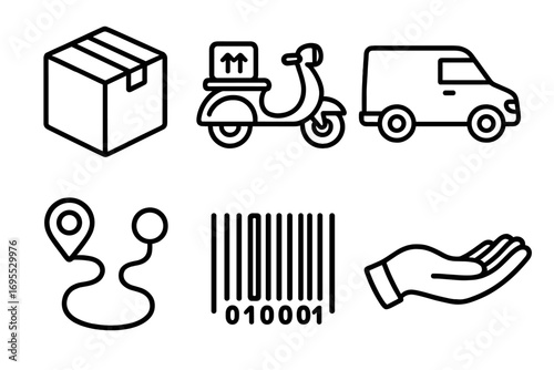 Delivery and logistics icon set for shipping and transport. Vector line art icons of package, scooter, van, route, barcode, and hand. E-commerce and online shopping concept.