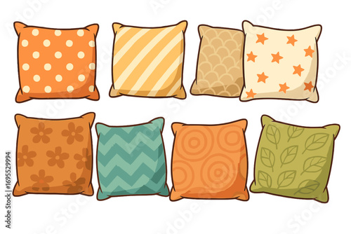 Set of decorative throw pillows with various patterns for interior design. Collection of cozy cartoon cushions. Vector illustration home decor elements. Polka dot, stripes, stars.