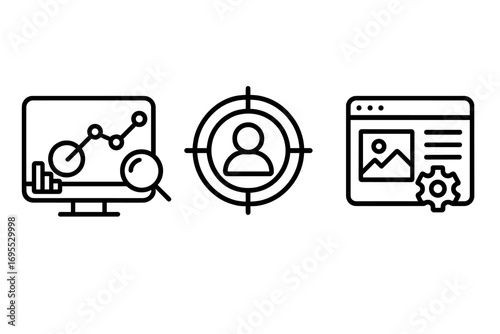 Marketing strategy icons. Data analytics and research. Customer targeting and audience segmentation. Content optimization and SEO. Digital business concept. Vector line art set.