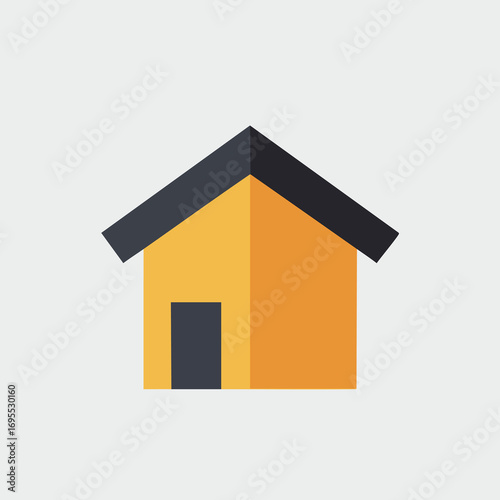 Illustration of a simple house with a dark roof and door on a light background.