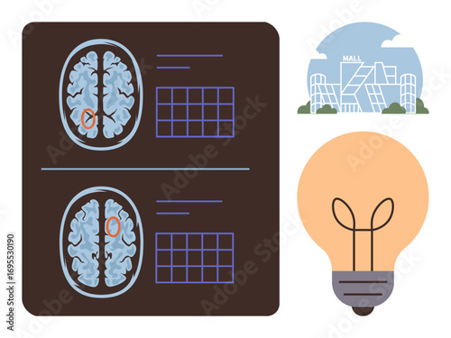 Brain scan diagrams with marked areas, data charts, futuristic building design, and glowing lightbulb. Ideal for neuroscience, innovation, healthcare, research, problem-solving consulting medical