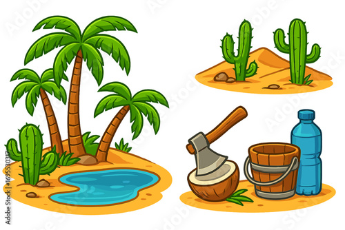 Desert oasis survival vector set. Cartoon icons of palm tree, cactus, water source, coconut, axe, and bucket. Essential elements for island survival or adventure game concept.