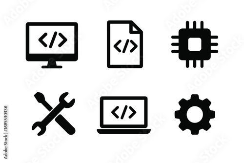 Coding and programming icon set. Minimalist black vector glyphs representing software development, web design, and technology. Includes computer, file, CPU, and settings icons.