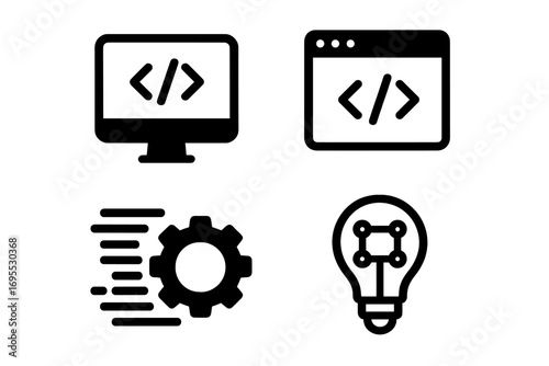 Coding and programming icon set. Web development, software engineering symbols. Minimalist glyph icons for UI, UX design. Vector signs for technology, app development, innovation.