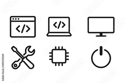 Coding and technology minimalist line icon set. Vector symbols for web design, software development, UI, and app interface. Includes laptop, code, CPU, tools, and power icons.